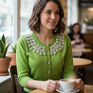 Kate Spade Beaded Floral Embellished 3/4 Sleeve Cardigan in Green Cotton Size S